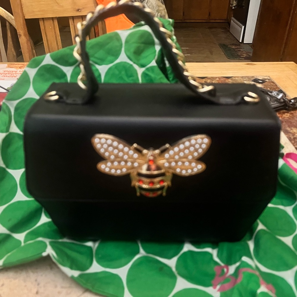 Chic Black Satchel with Gold Bee Detail